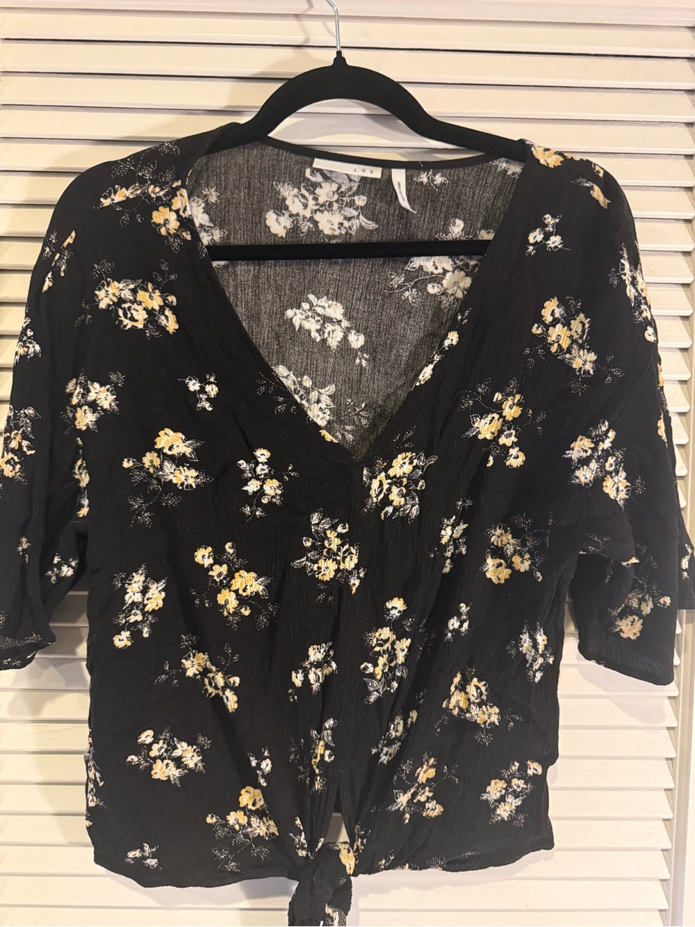 Women’s Black Floral Tie-Front Blouse - Yellow & White Print